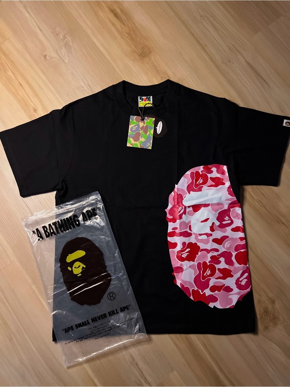 Bape Black Tee with Pink & Red Camo Ape Head